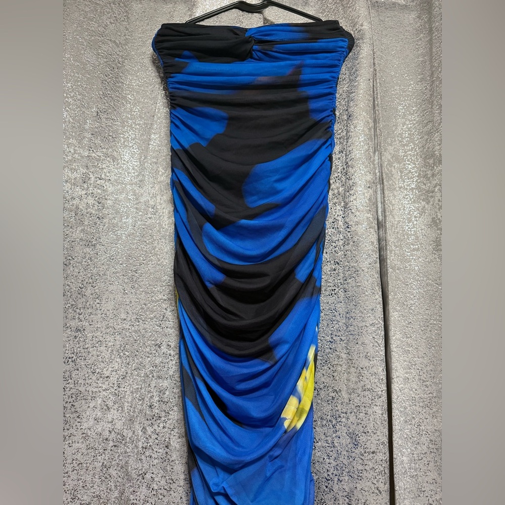 Zara Vibrant Blue and Black Midi Dress with Yellow Detail